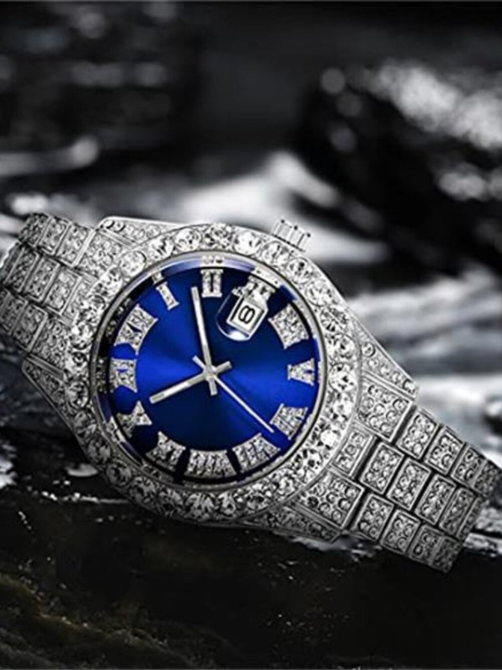 Men's Diamond Watch Fashion Crystal Rhinestone Quartz Analog Watch - Picture 2 of 5